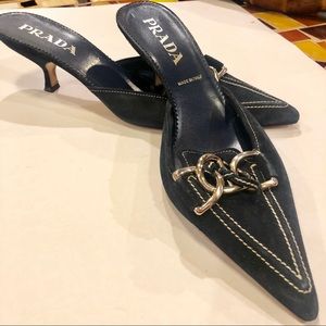 PRADA mules, blue suade, kitten heel. All leather